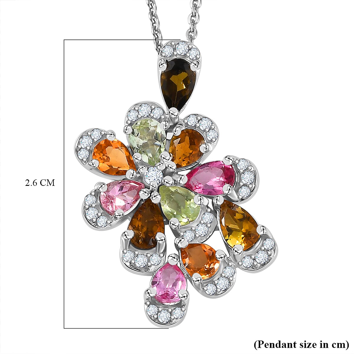 Multi-Tourmaline & White Zircon Pendant with Chain (Size 20) in Rhodium Overlay Sterling Silver 2.27 Ct.