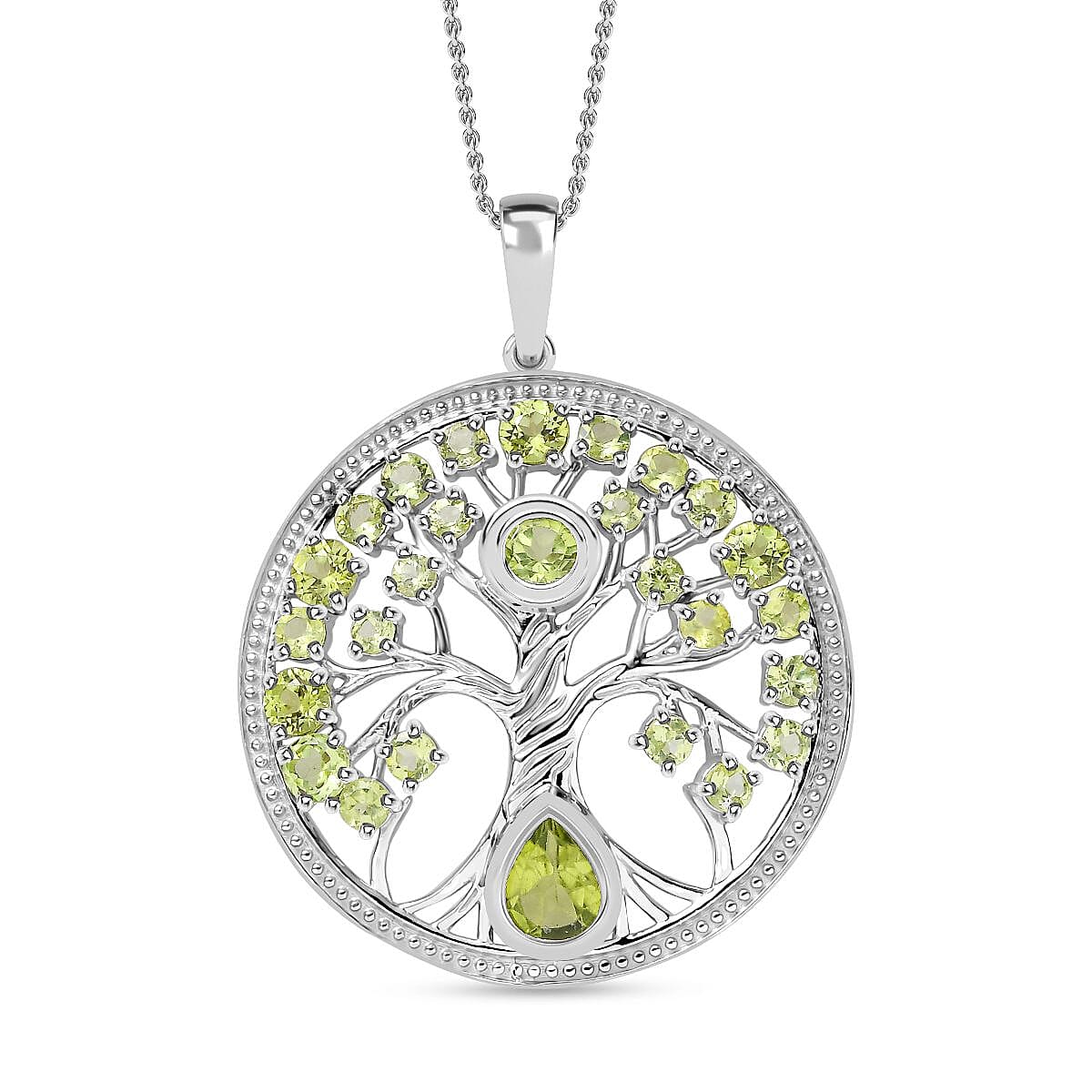 Natural Hebei Peridot Tree of Life Pendant with Chain (Size 20) in Rhodium Overlay Sterling Silver 3.36 Ct, Silver Wt. 7.40 Gms.