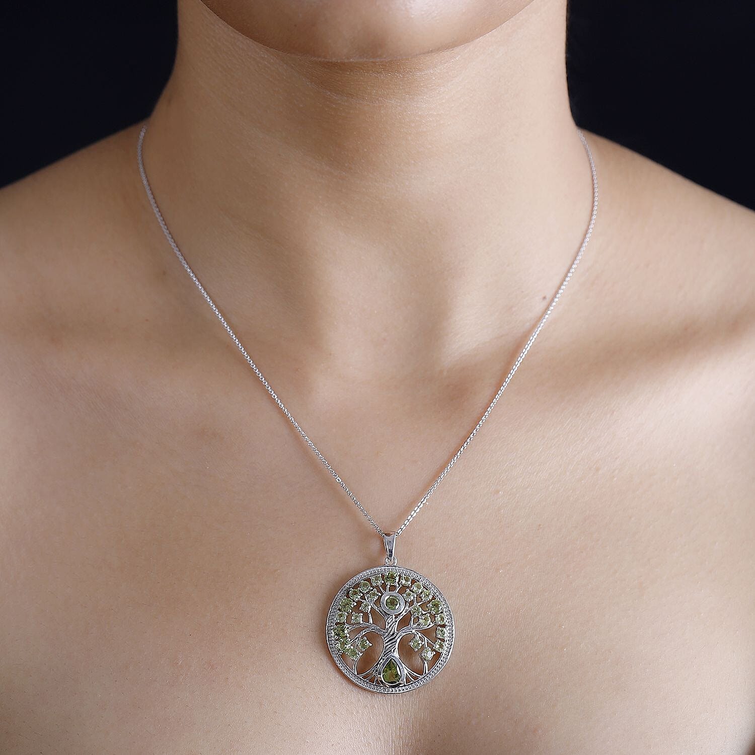 Natural Hebei Peridot Tree of Life Pendant with Chain (Size 20) in Rhodium Overlay Sterling Silver 3.36 Ct, Silver Wt. 7.40 Gms.