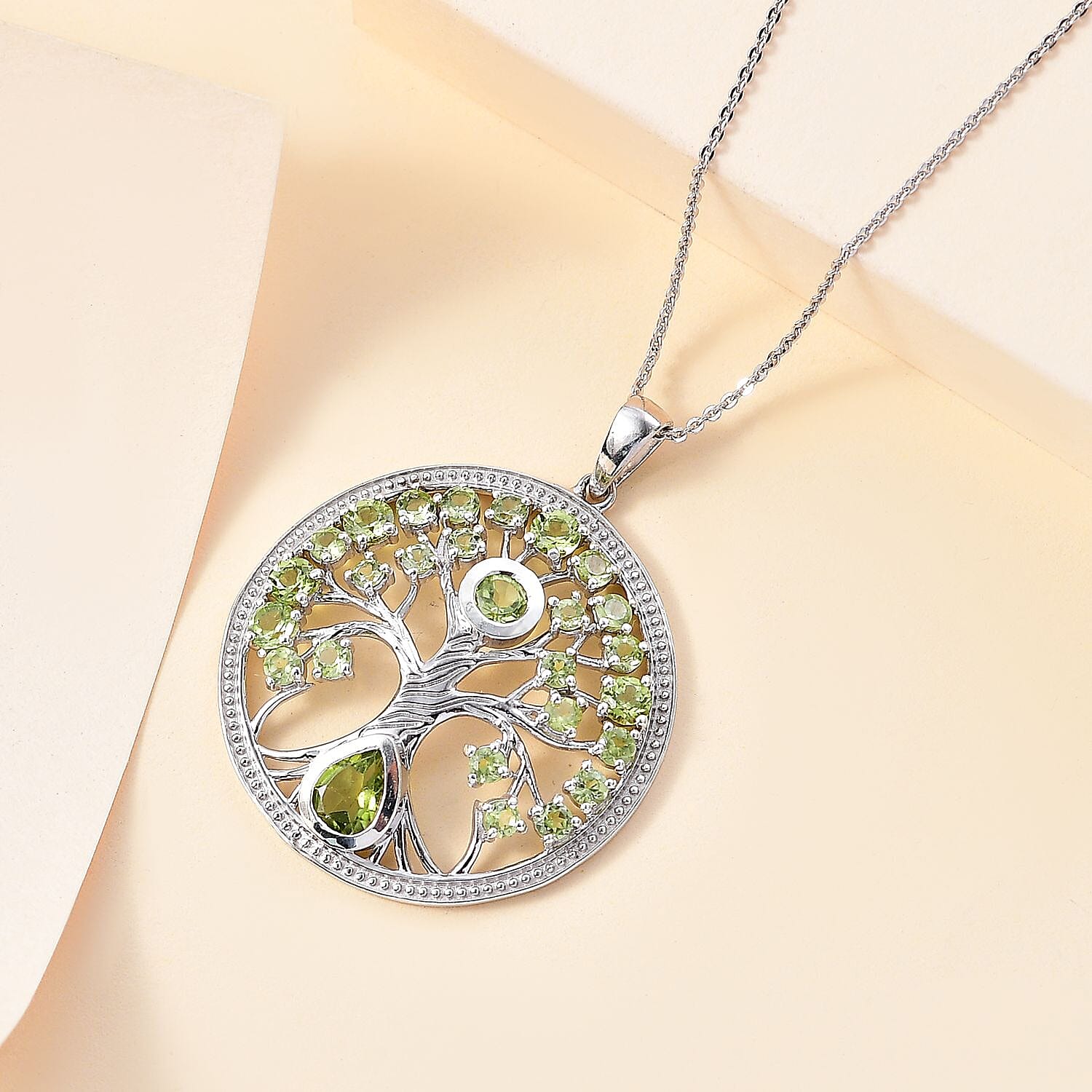 Natural Hebei Peridot Tree of Life Pendant with Chain (Size 20) in Rhodium Overlay Sterling Silver 3.36 Ct, Silver Wt. 7.40 Gms.