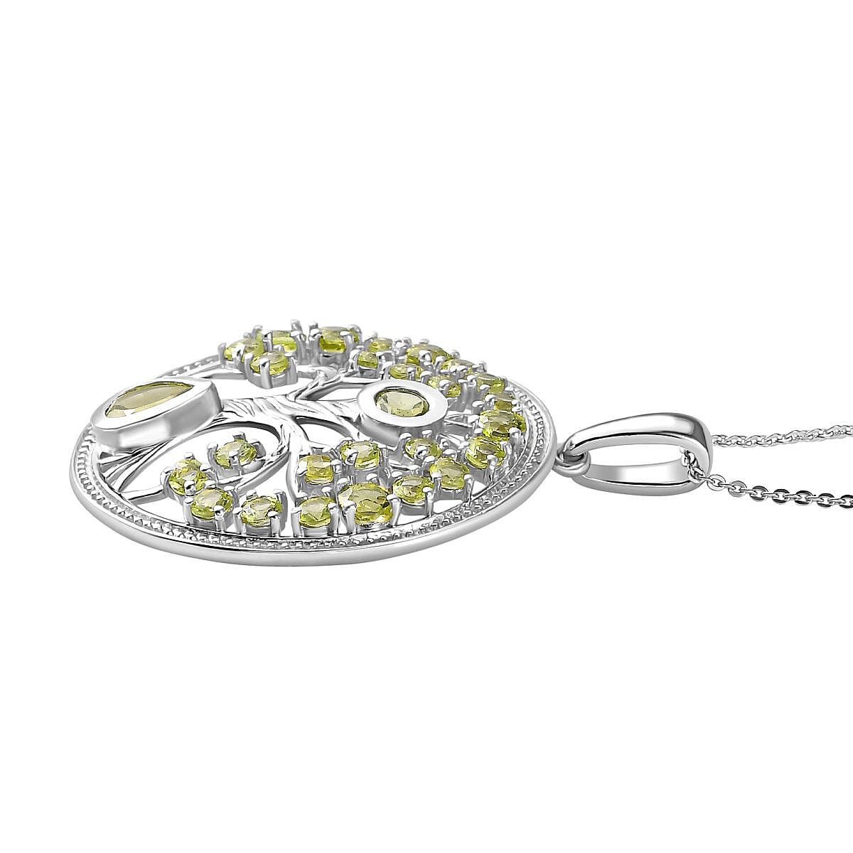 Natural Hebei Peridot Tree of Life Pendant with Chain (Size 20) in Rhodium Overlay Sterling Silver 3.36 Ct, Silver Wt. 7.40 Gms.