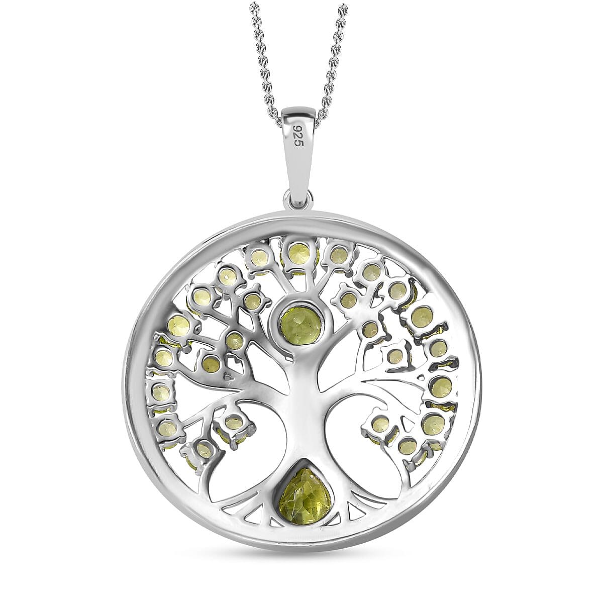 Natural Hebei Peridot Tree of Life Pendant with Chain (Size 20) in Rhodium Overlay Sterling Silver 3.36 Ct, Silver Wt. 7.40 Gms.