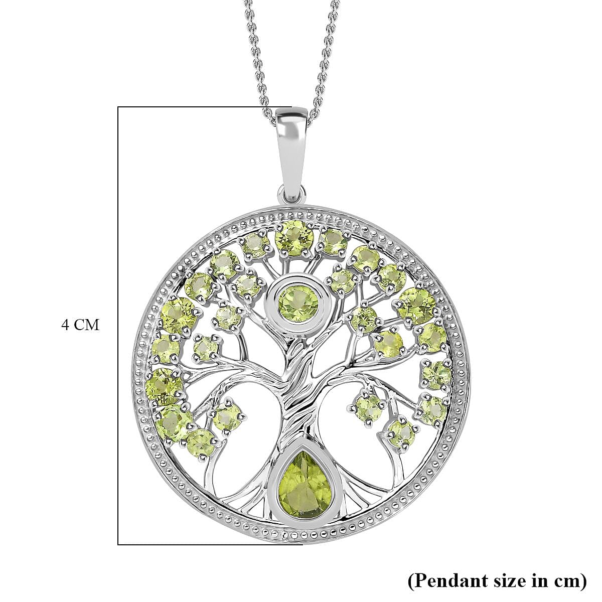 Natural Hebei Peridot Tree of Life Pendant with Chain (Size 20) in Rhodium Overlay Sterling Silver 3.36 Ct, Silver Wt. 7.40 Gms.