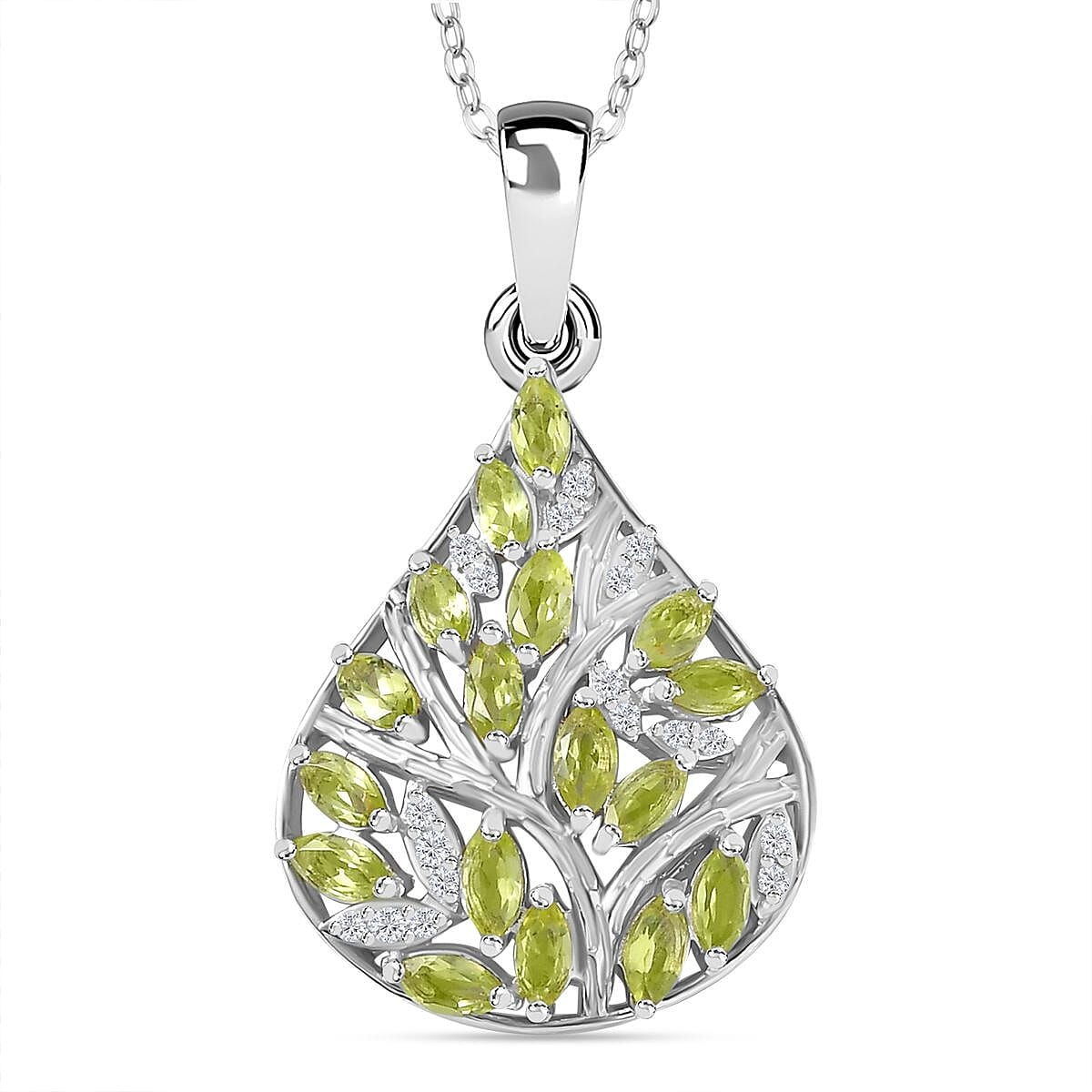 Natural Hebei Peridot & Natural Zircon Pendant with Chain (Size 20) in rhodium Sterling Silver 1.90 Ct, Silver Wt. 6.68 Gms