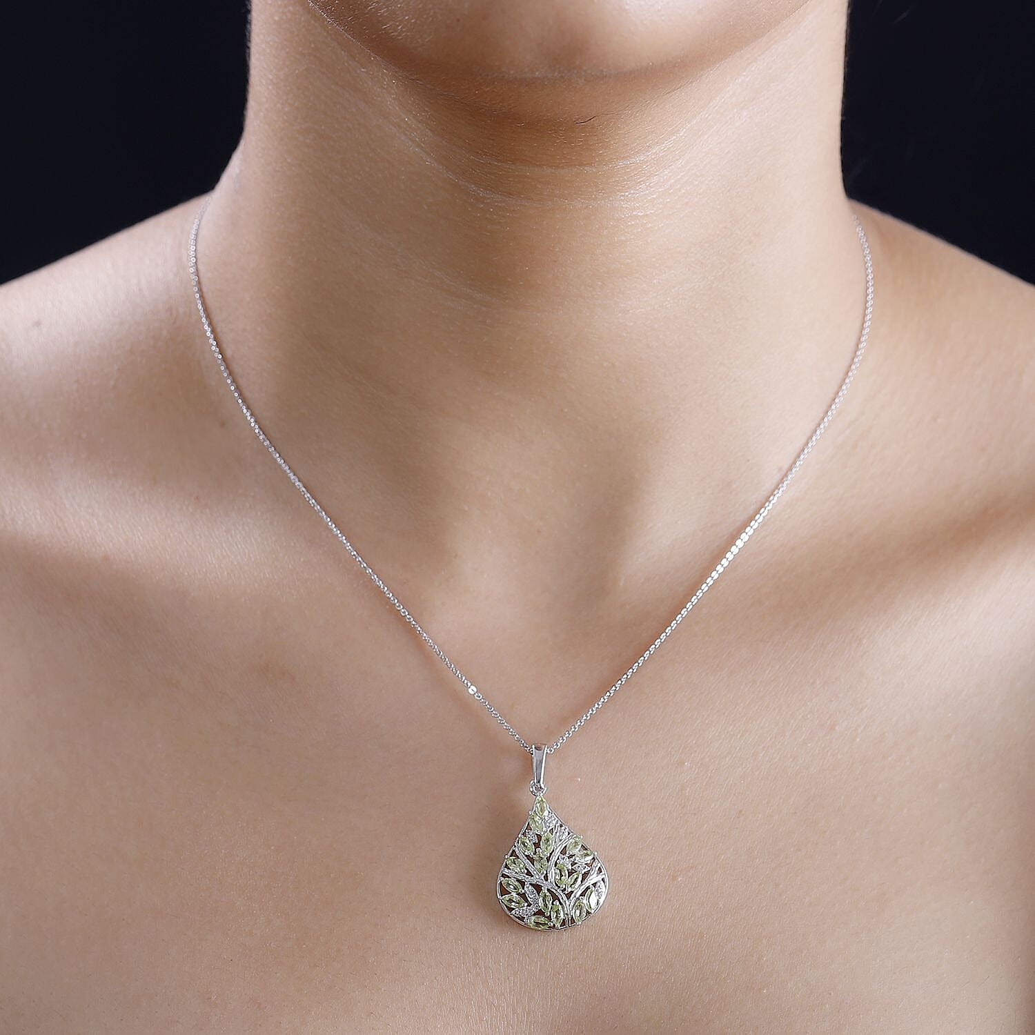 Natural Hebei Peridot & Natural Zircon Pendant with Chain (Size 20) in rhodium Sterling Silver 1.90 Ct, Silver Wt. 6.68 Gms