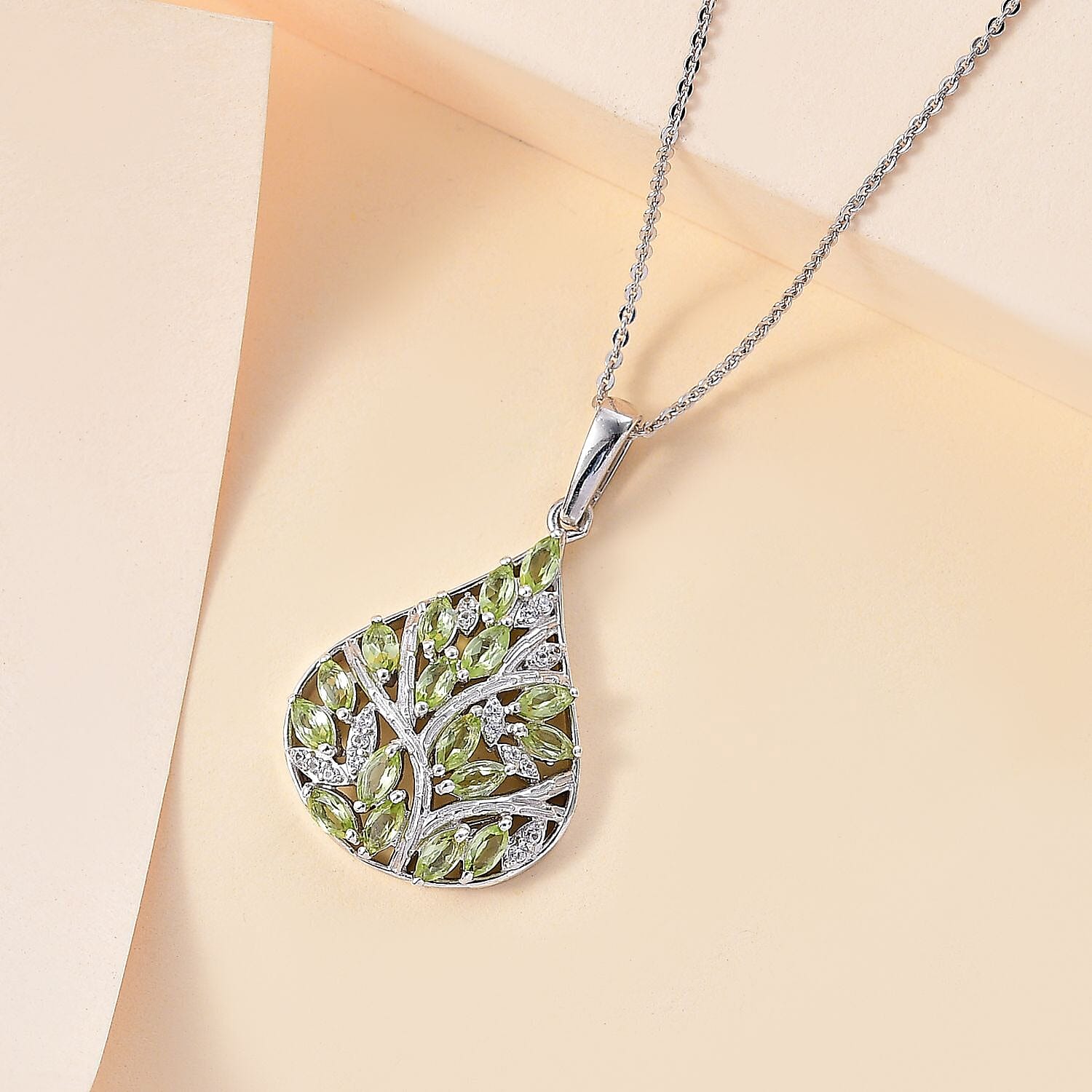 Natural Hebei Peridot & Natural Zircon Pendant with Chain (Size 20) in rhodium Sterling Silver 1.90 Ct, Silver Wt. 6.68 Gms