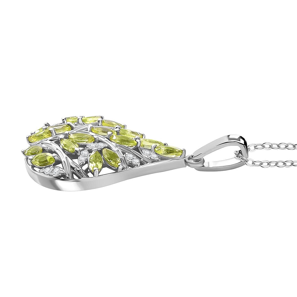Natural Hebei Peridot & Natural Zircon Pendant with Chain (Size 20) in rhodium Sterling Silver 1.90 Ct, Silver Wt. 6.68 Gms