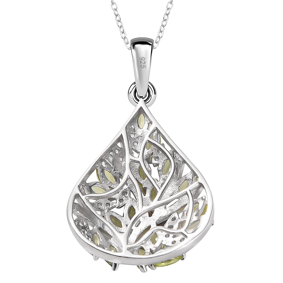Natural Hebei Peridot & Natural Zircon Pendant with Chain (Size 20) in rhodium Sterling Silver 1.90 Ct, Silver Wt. 6.68 Gms