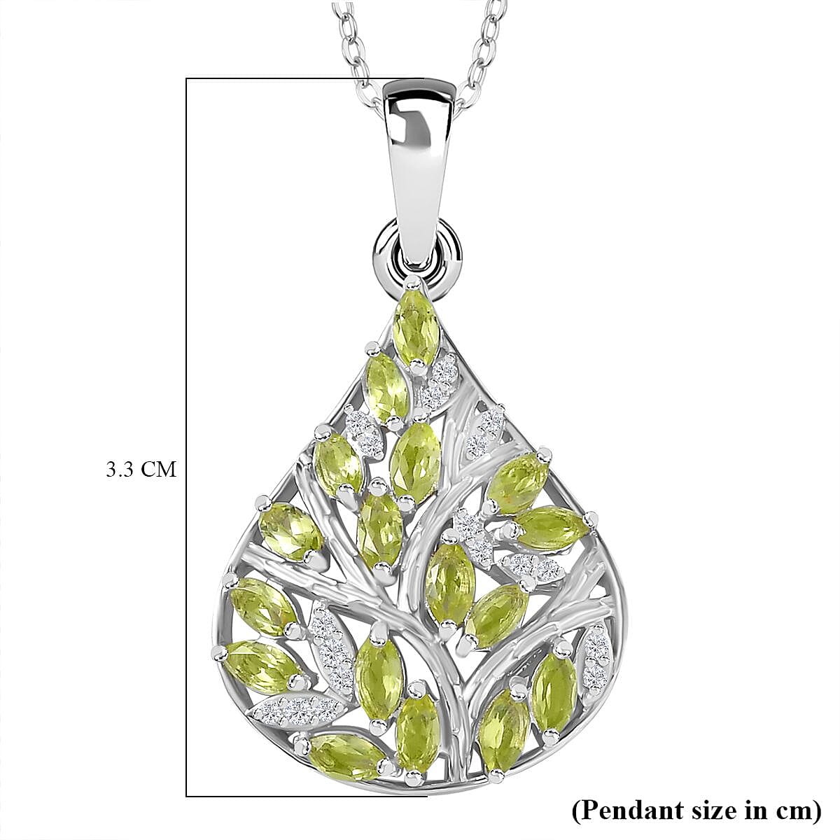 Natural Hebei Peridot & Natural Zircon Pendant with Chain (Size 20) in rhodium Sterling Silver 1.90 Ct, Silver Wt. 6.68 Gms