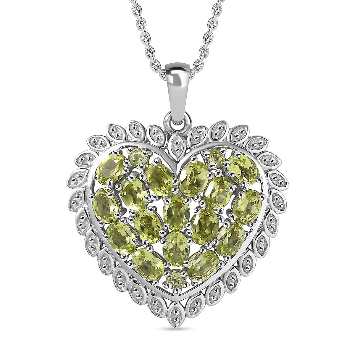 Inspired by Viola Leaf  - Natural Hebei Peridot Heart Pendant with Chain (Size 20) in Rhodium Overlay Sterling Silver 3.22 Ct, Silver Wt. 6.9 Gms