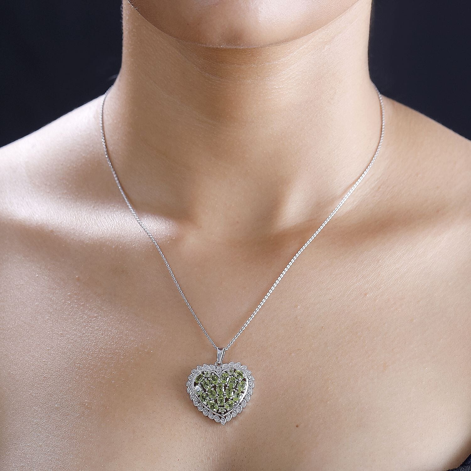 Inspired by Viola Leaf  - Natural Hebei Peridot Heart Pendant with Chain (Size 20) in Rhodium Overlay Sterling Silver 3.22 Ct, Silver Wt. 6.9 Gms
