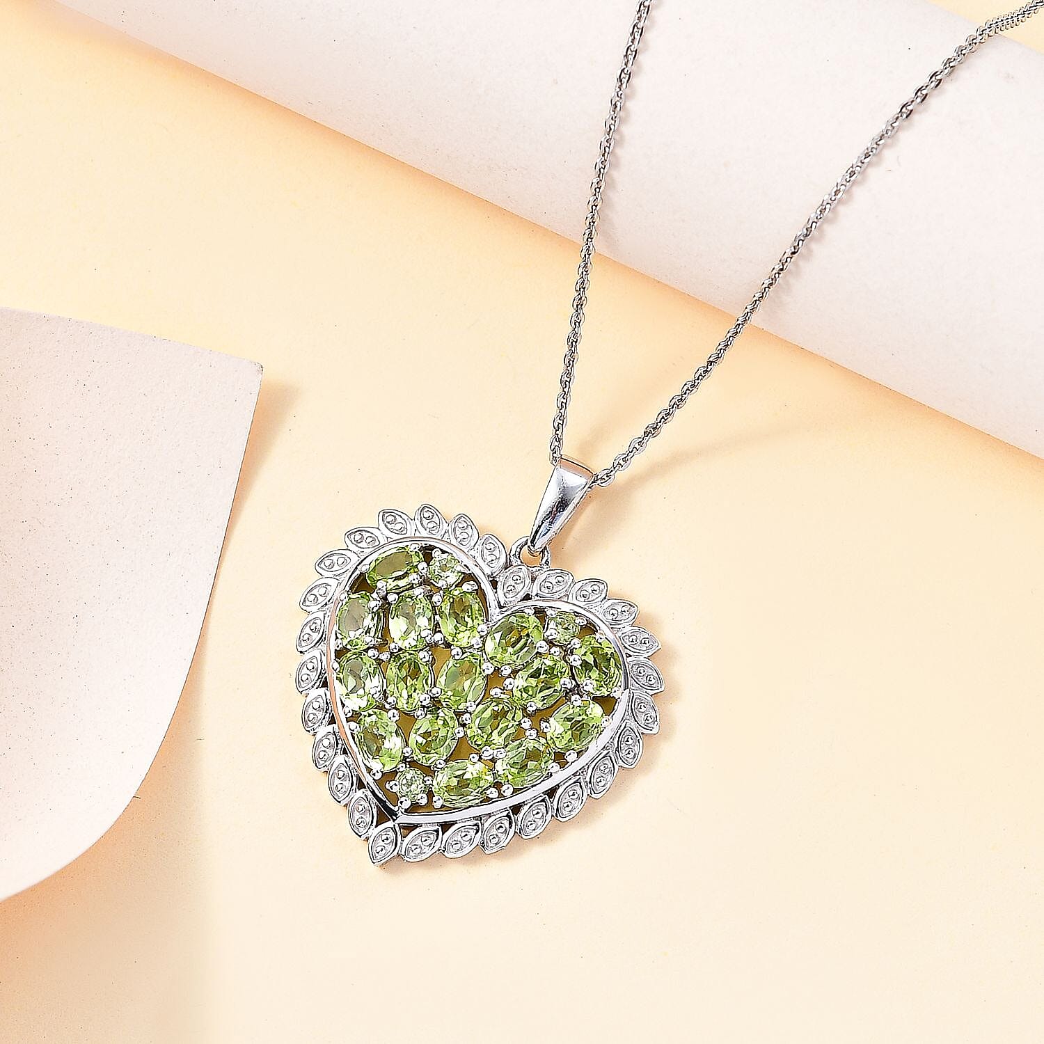 Inspired by Viola Leaf  - Natural Hebei Peridot Heart Pendant with Chain (Size 20) in Rhodium Overlay Sterling Silver 3.22 Ct, Silver Wt. 6.9 Gms