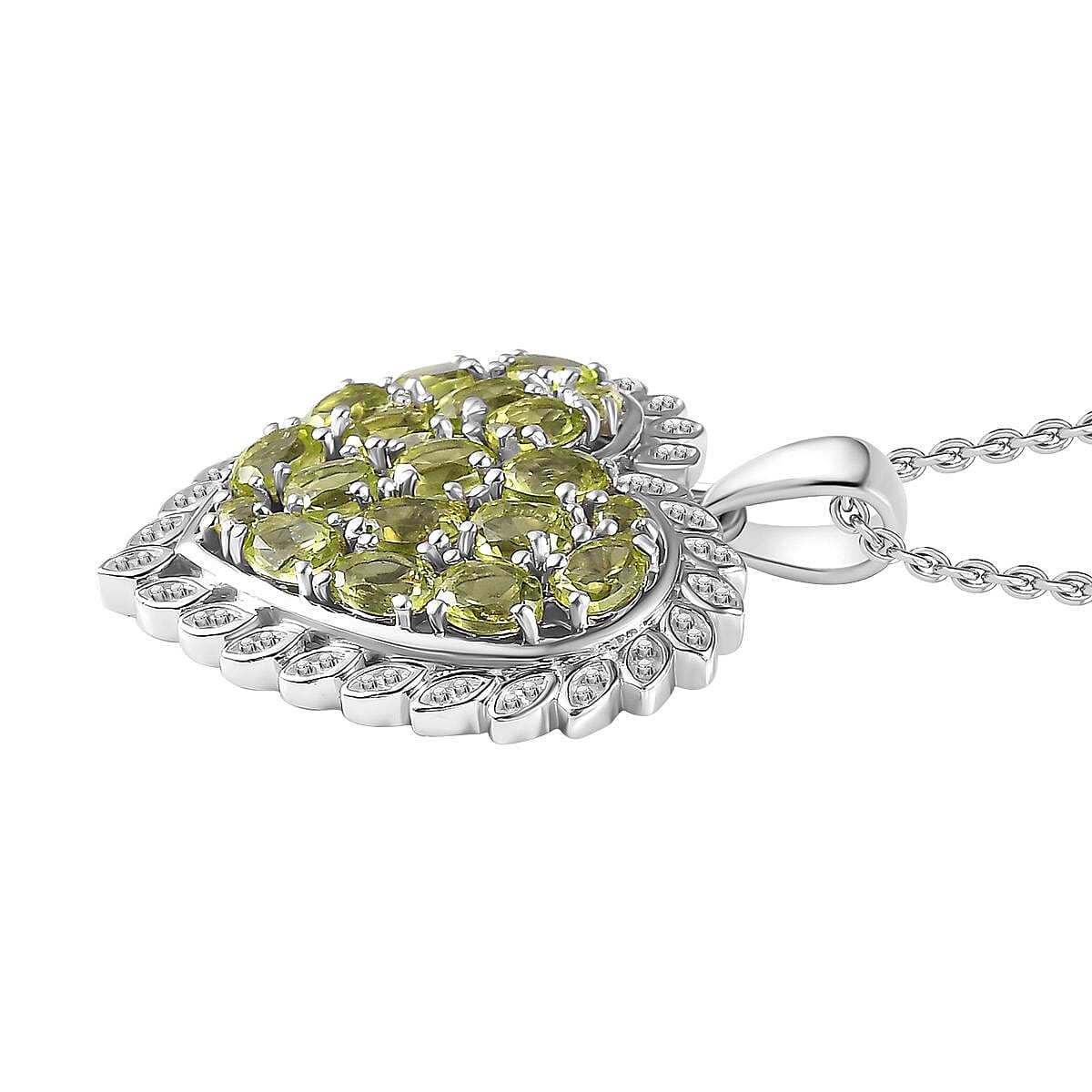 Inspired by Viola Leaf  - Natural Hebei Peridot Heart Pendant with Chain (Size 20) in Rhodium Overlay Sterling Silver 3.22 Ct, Silver Wt. 6.9 Gms