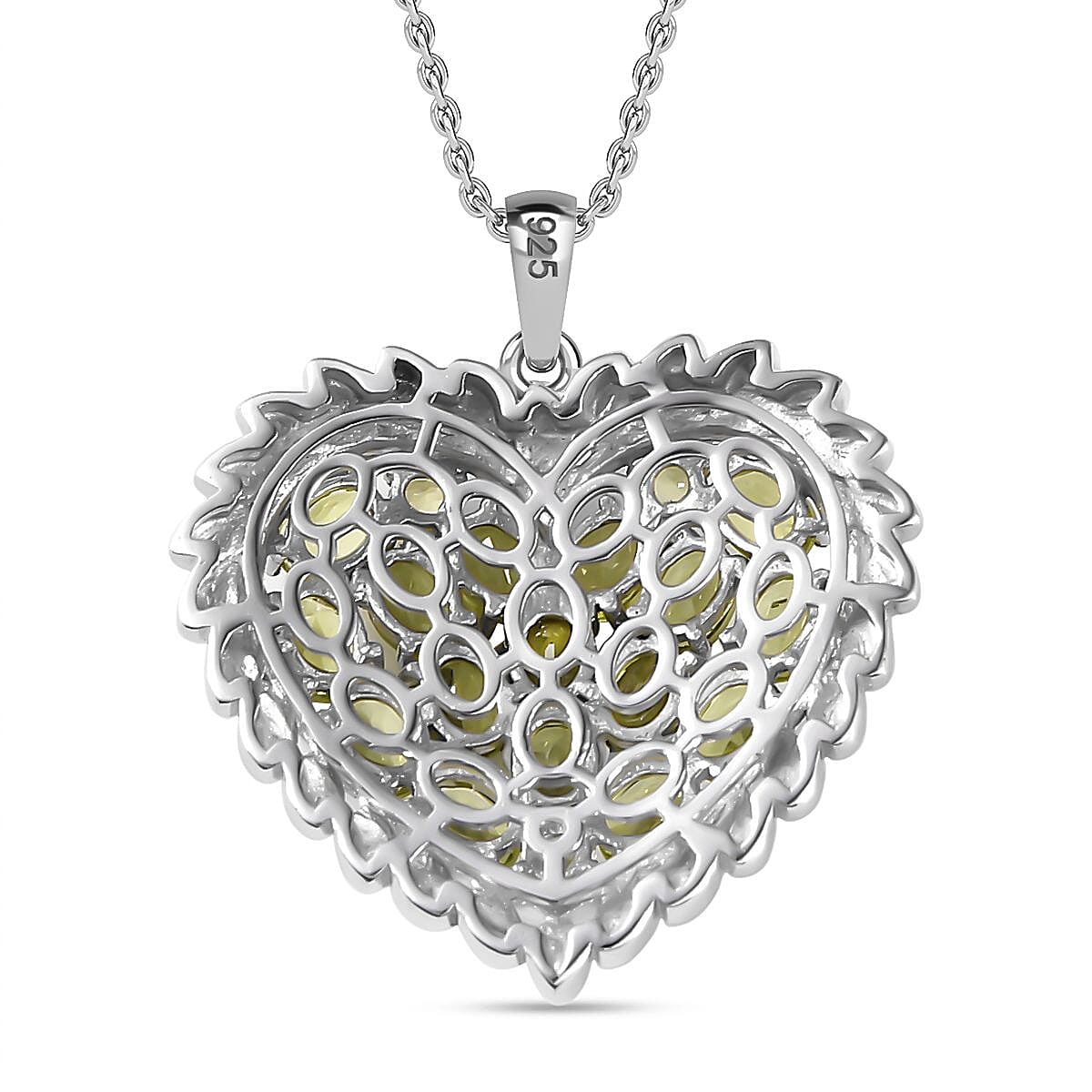 Inspired by Viola Leaf  - Natural Hebei Peridot Heart Pendant with Chain (Size 20) in Rhodium Overlay Sterling Silver 3.22 Ct, Silver Wt. 6.9 Gms