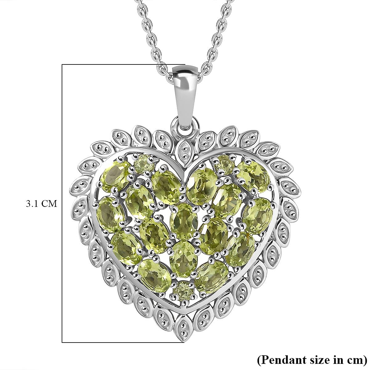 Inspired by Viola Leaf  - Natural Hebei Peridot Heart Pendant with Chain (Size 20) in Rhodium Overlay Sterling Silver 3.22 Ct, Silver Wt. 6.9 Gms