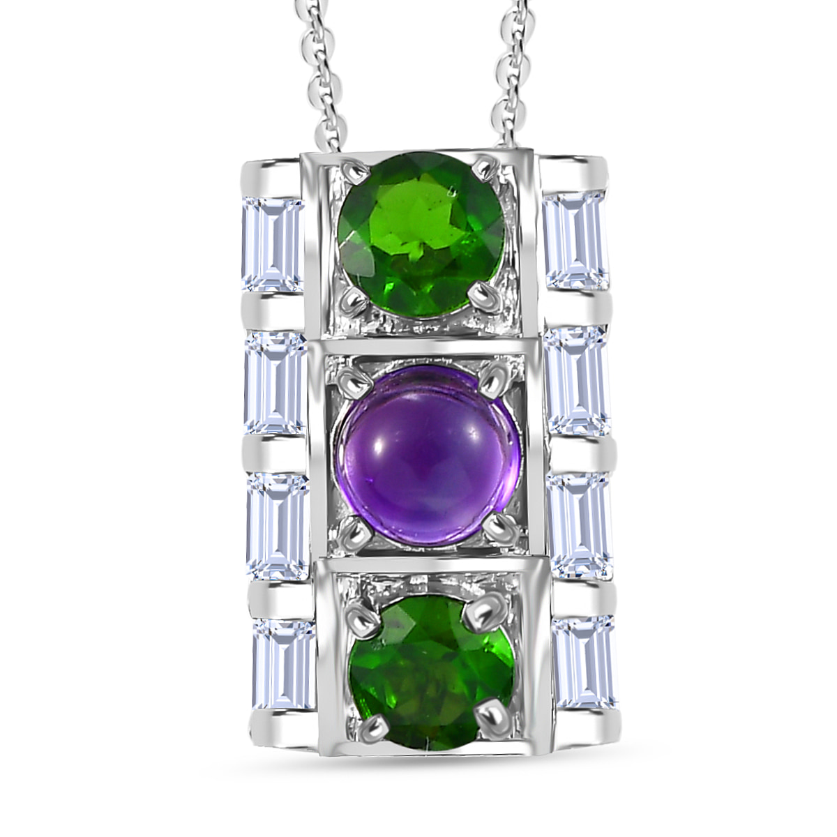 GP Art Deco Collection - Geometrical Shapes - Amethyst, Chrome Diopside & Zircon Pendant with Chain (Size 20) in Rhodium Overlay Sterling Silver