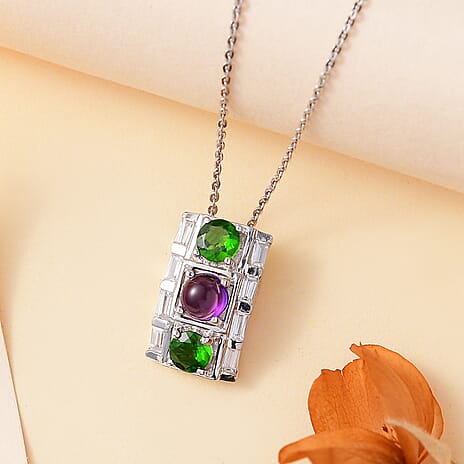 GP Art Deco Collection - Geometrical Shapes - Amethyst, Chrome Diopside & Zircon Pendant with Chain (Size 20) in Rhodium Overlay Sterling Silver
