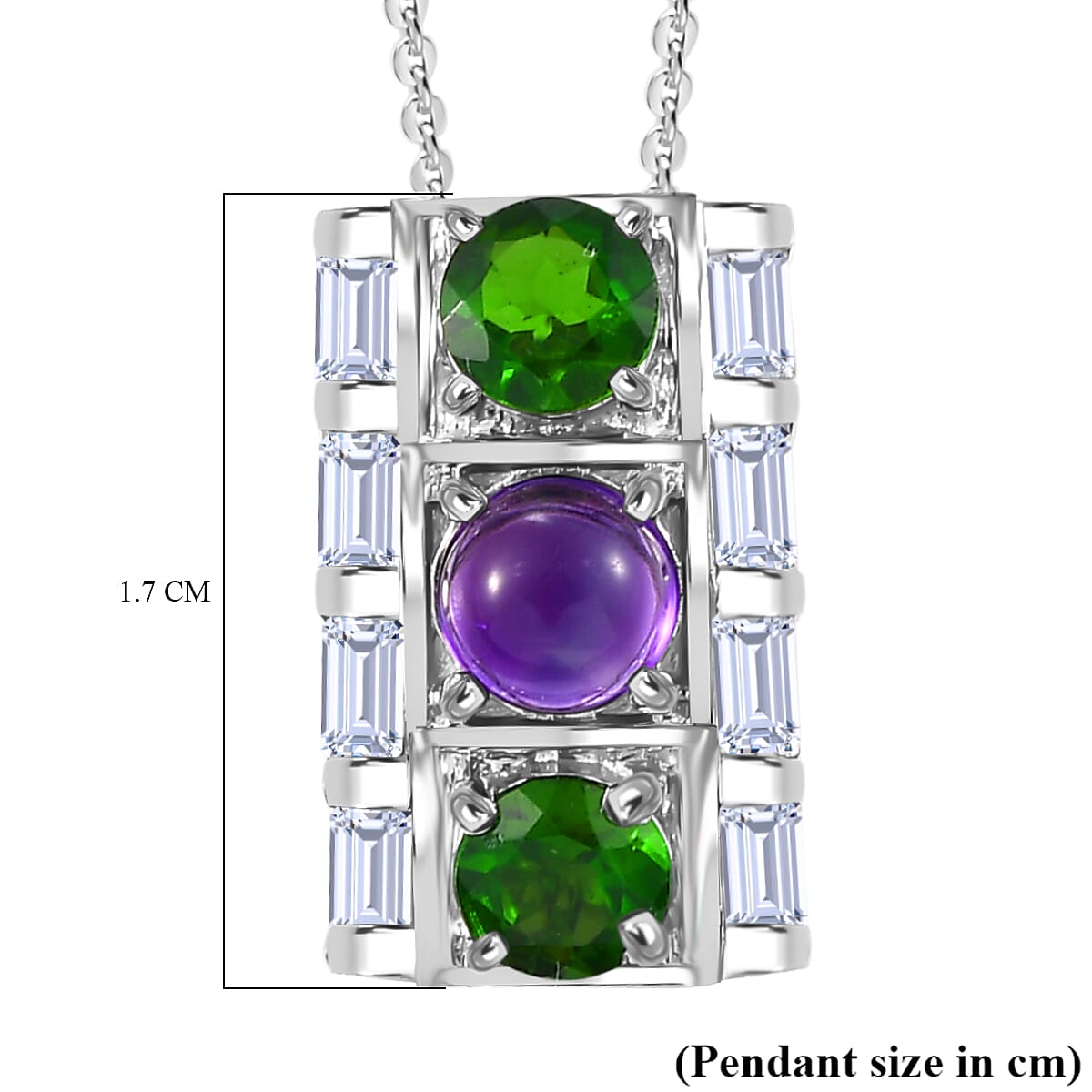 GP Art Deco Collection - Geometrical Shapes - Amethyst, Chrome Diopside & Zircon Pendant with Chain (Size 20) in Rhodium Overlay Sterling Silver GP Art Deco Collection - Geometrical Shapes - Amethyst, Chrome Diopside & Zircon Pendant with Chain (Size 20) in Rhodium Overlay Sterling Silver