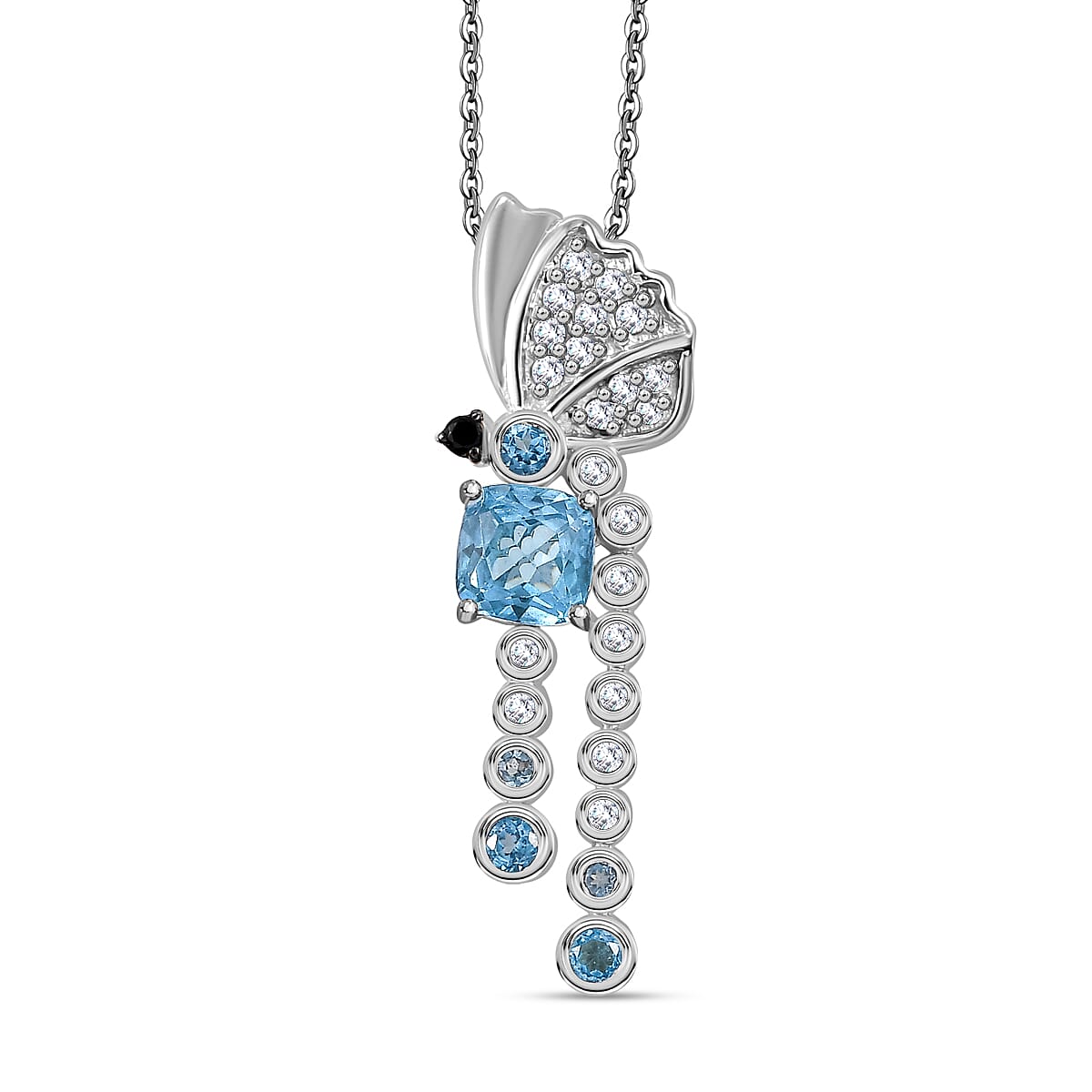 GP Italian Garden Collection- Swiss Blue Topaz, White Zircon, Blue Sapphire & Black Spinel Pendant with Chain (Size 20) in Rhodium Overlay Sterling Silver 1.20 Ct, Silver Wt. 7.40 Gms.
