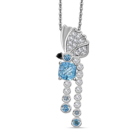 Swiss Blue Topaz,  White Zircon,  Blue Sapphire,  Black Spinel Pendant with Chain (Size 20) in rhodium Sterling Silver 0.51 ct  Silver Wt. 7.4 Gms  1.200  Ct.