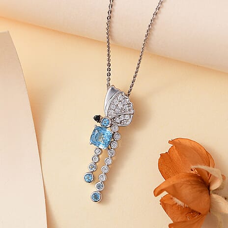 Swiss Blue Topaz,  White Zircon,  Blue Sapphire,  Black Spinel Pendant with Chain (Size 20) in rhodium Sterling Silver 0.51 ct  Silver Wt. 7.4 Gms  1.200  Ct.