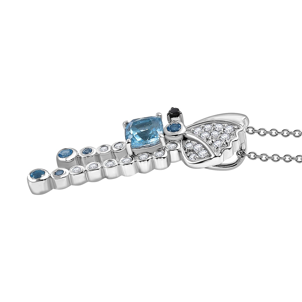 GP Italian Garden Collection- Swiss Blue Topaz, White Zircon, Blue Sapphire & Black Spinel Pendant with Chain (Size 20) in Rhodium Overlay Sterling Silver 1.20 Ct, Silver Wt. 7.40 Gms.