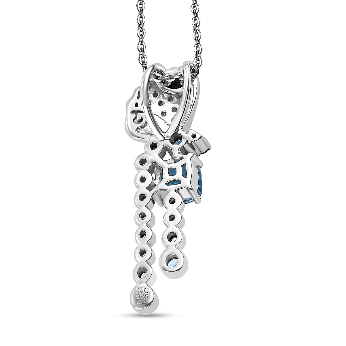 GP Italian Garden Collection- Swiss Blue Topaz, White Zircon, Blue Sapphire & Black Spinel Pendant with Chain (Size 20) in Rhodium Overlay Sterling Silver 1.20 Ct, Silver Wt. 7.40 Gms.