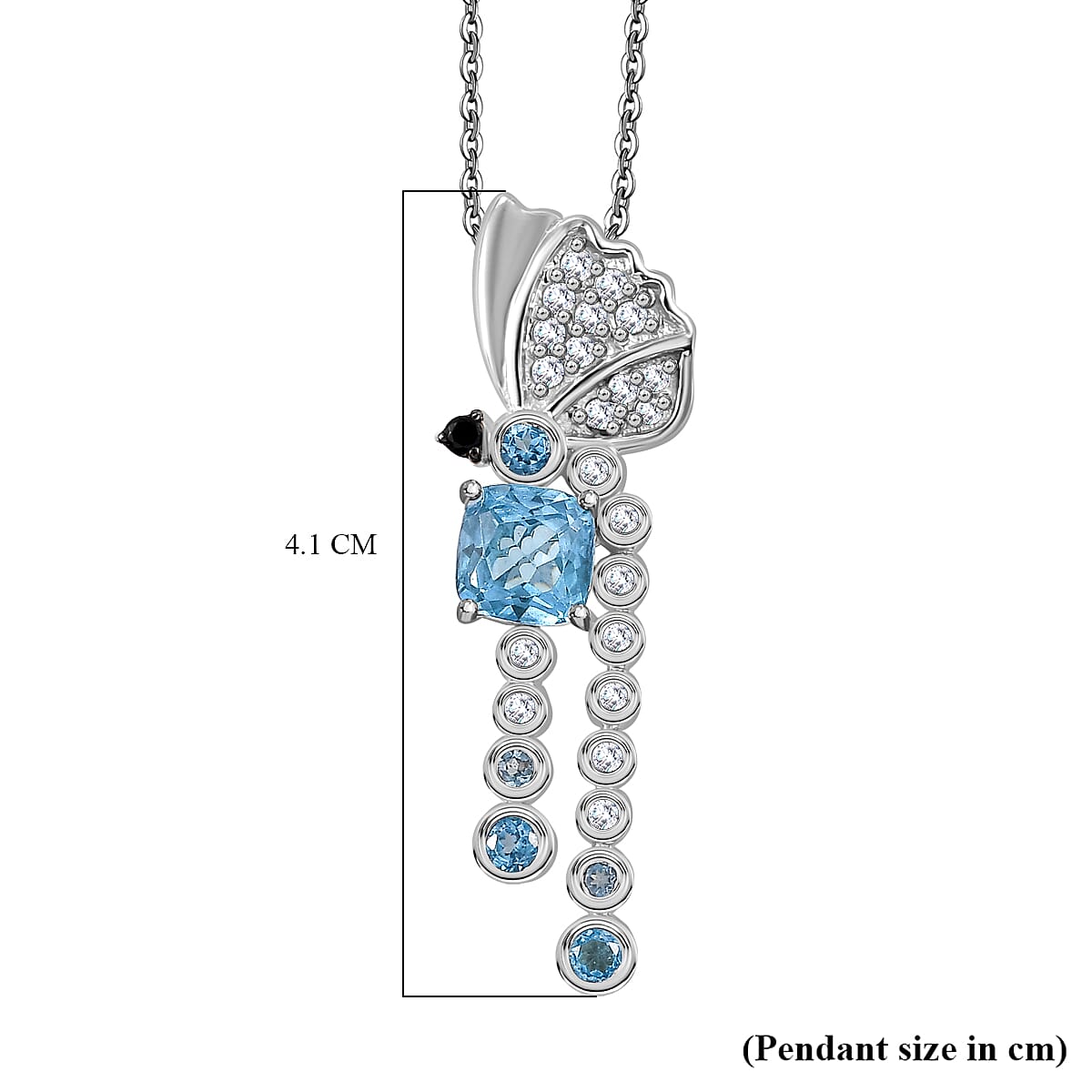 GP Italian Garden Collection- Swiss Blue Topaz, White Zircon, Blue Sapphire & Black Spinel Pendant with Chain (Size 20) in Rhodium Overlay Sterling Silver 1.20 Ct, Silver Wt. 7.40 Gms.