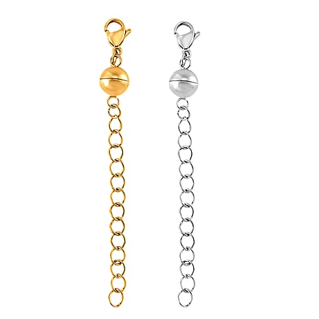 Set of 2 - Rhodium Overlay and Yellow Gold Plated Lobster Clasp with Magnetic Lock & Extender Chain