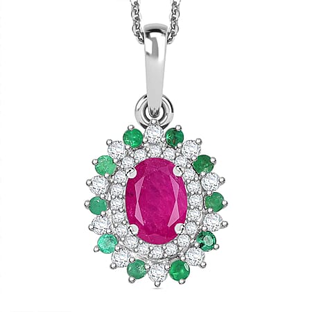 Mozambique Ruby, Moissanite, Emerald Halo Pendant with Chain (Size 20) in Rhodium Overlay Sterling Silver