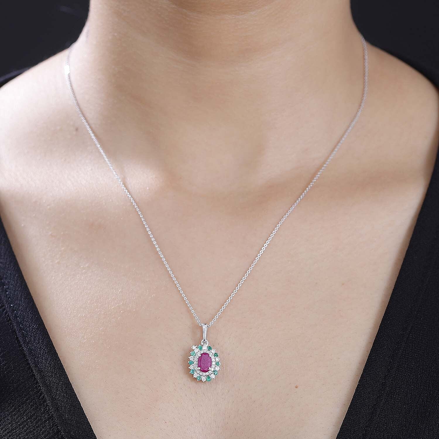 Gemfields Montepuez Ruby,  Moissanite,  Emerald Pendant with Chain (Size 20) in rhodium Sterling Silver 1.850  Ct.