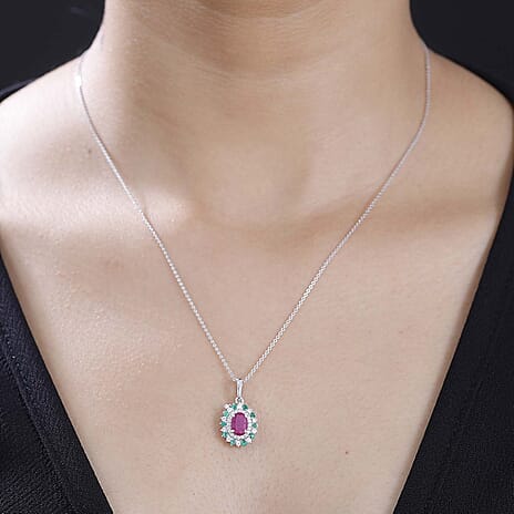 Gemfields Montepuez Ruby,  Moissanite,  Emerald Pendant with Chain (Size 20) in rhodium Sterling Silver 1.850  Ct.