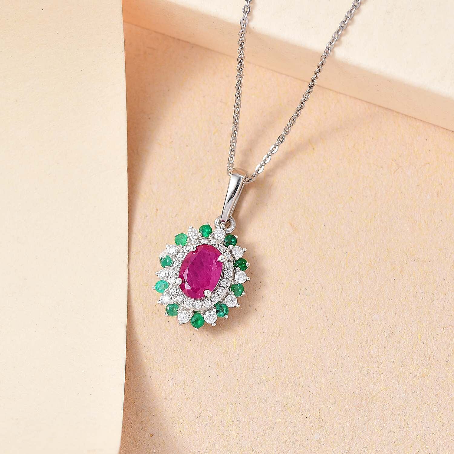 Gemfields Montepuez Ruby,  Moissanite,  Emerald Pendant with Chain (Size 20) in rhodium Sterling Silver 1.850  Ct.