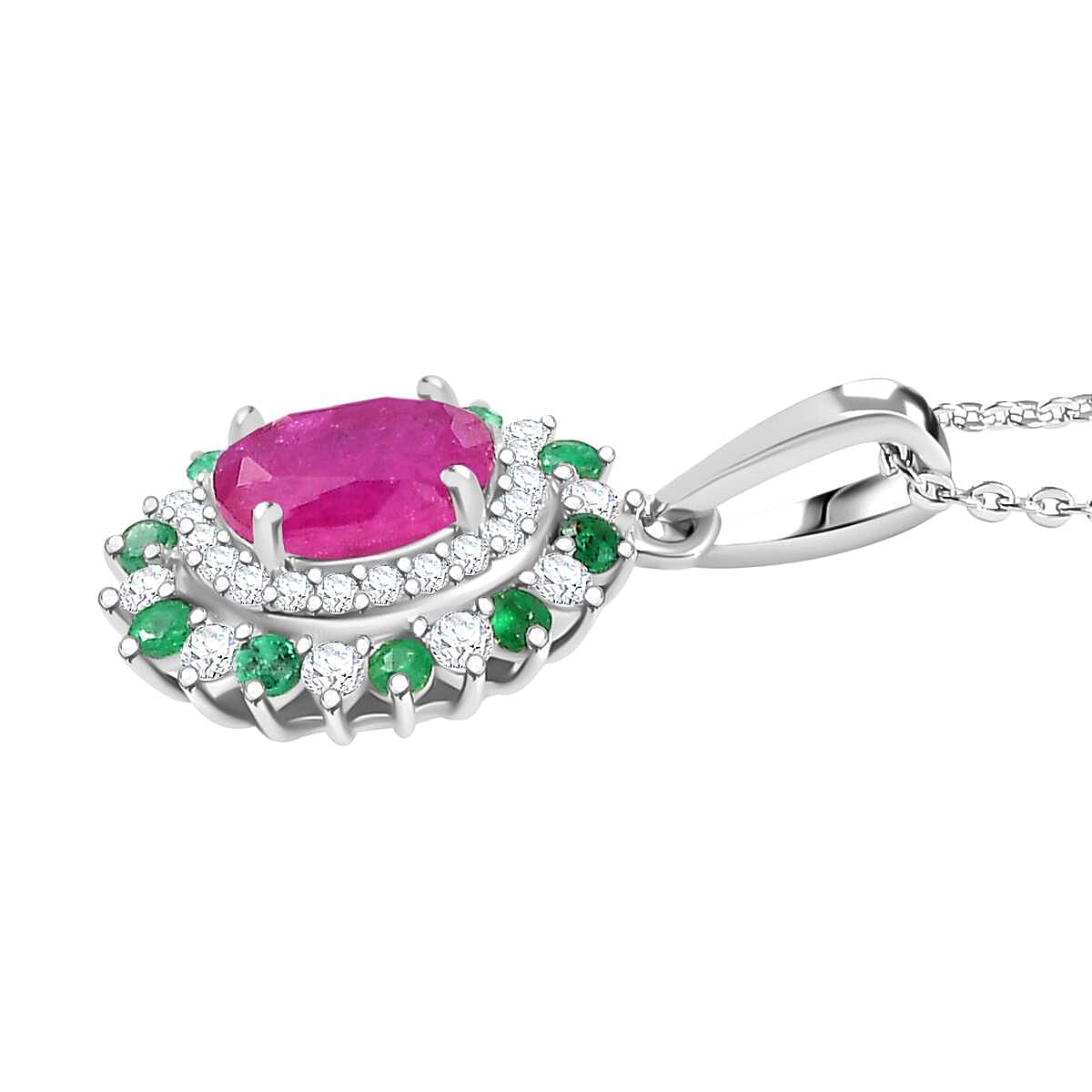 Gemfields Montepuez Ruby,  Moissanite,  Emerald Pendant with Chain (Size 20) in rhodium Sterling Silver 1.850  Ct.