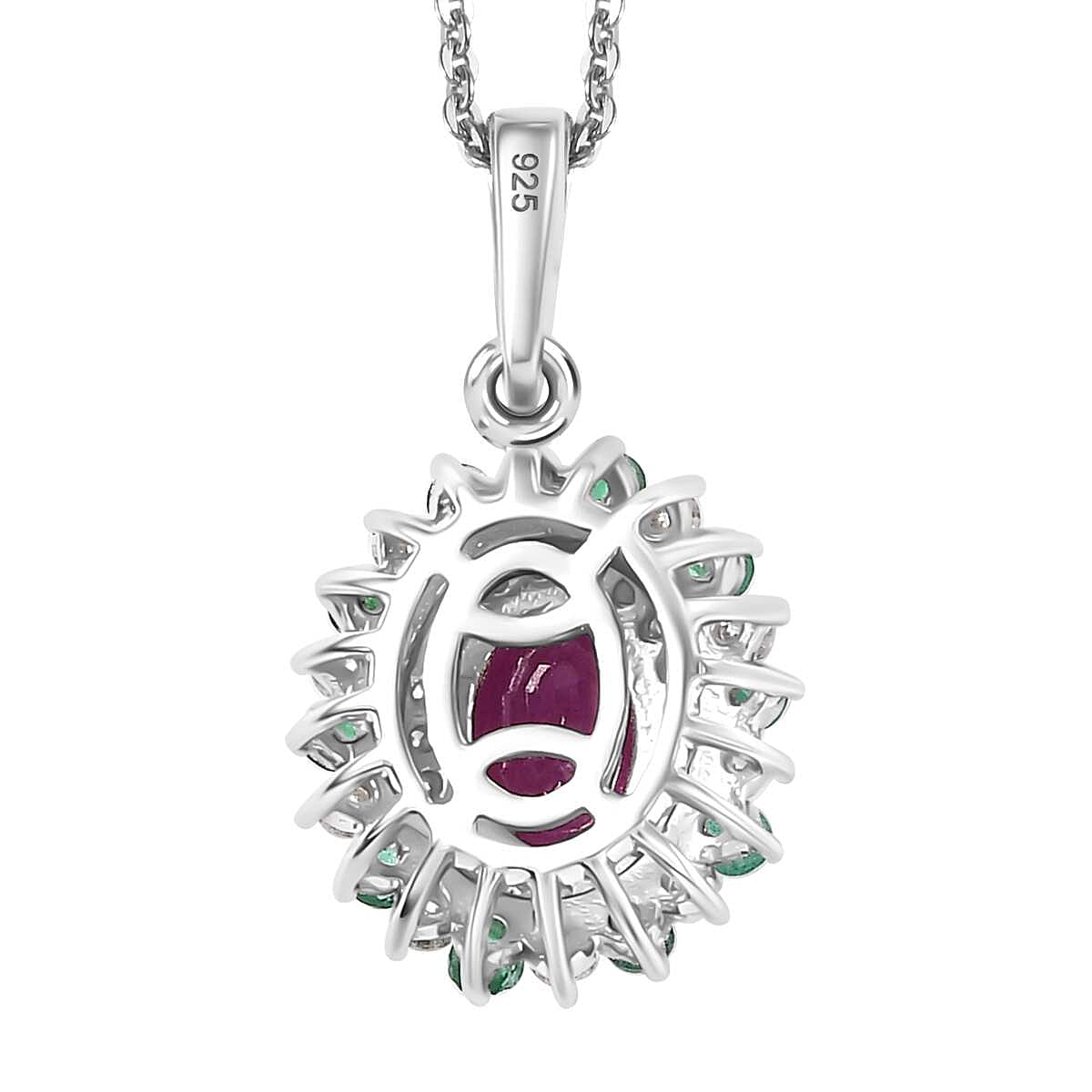 Gemfields Montepuez Ruby,  Moissanite,  Emerald Pendant with Chain (Size 20) in rhodium Sterling Silver 1.850  Ct.