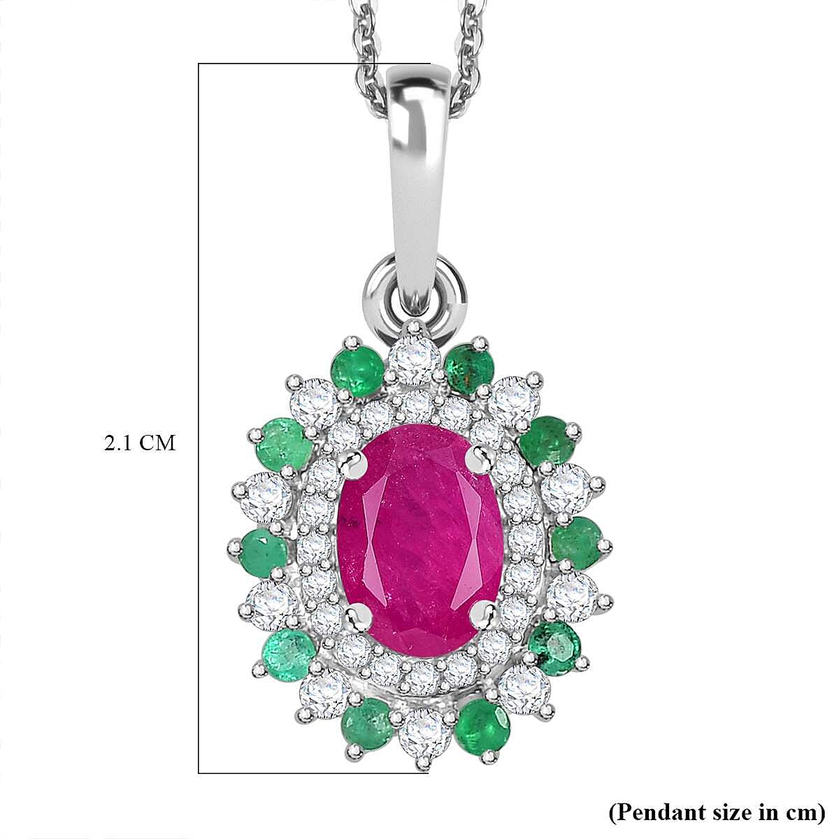 Gemfields Montepuez Ruby,  Moissanite,  Emerald Pendant with Chain (Size 20) in rhodium Sterling Silver 1.850  Ct.