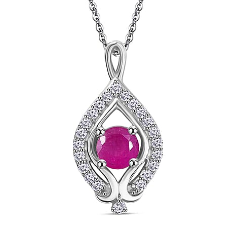 Gemfields Montepuez Ruby,  White Zircon Pendant with Chain (Size 20) in rhodium Sterling Silver