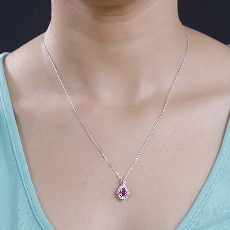 Gemfields Montepuez Ruby,  White Zircon Pendant with Chain (Size 20) in rhodium Sterling Silver