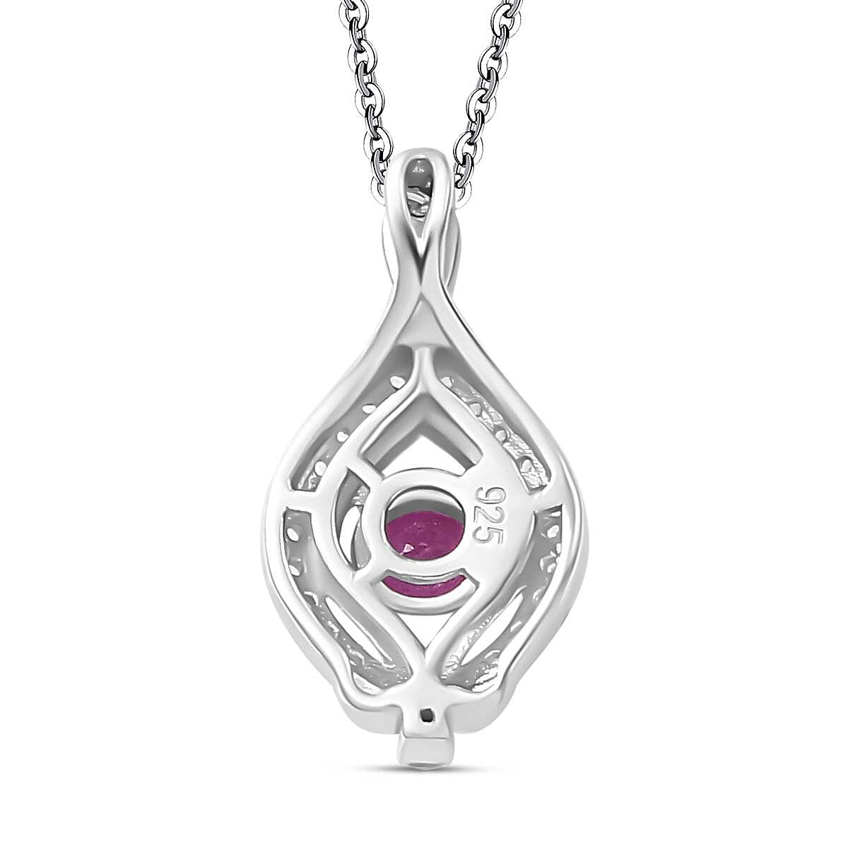 Gemfields Montepuez Ruby & White Zircon Pendant with Chain (Size 20) in Rhodium Overlay Sterling Silver Gemfields Montepuez Ruby & White Zircon Pendant with Chain (Size 20) in Rhodium Overlay Sterling Silver