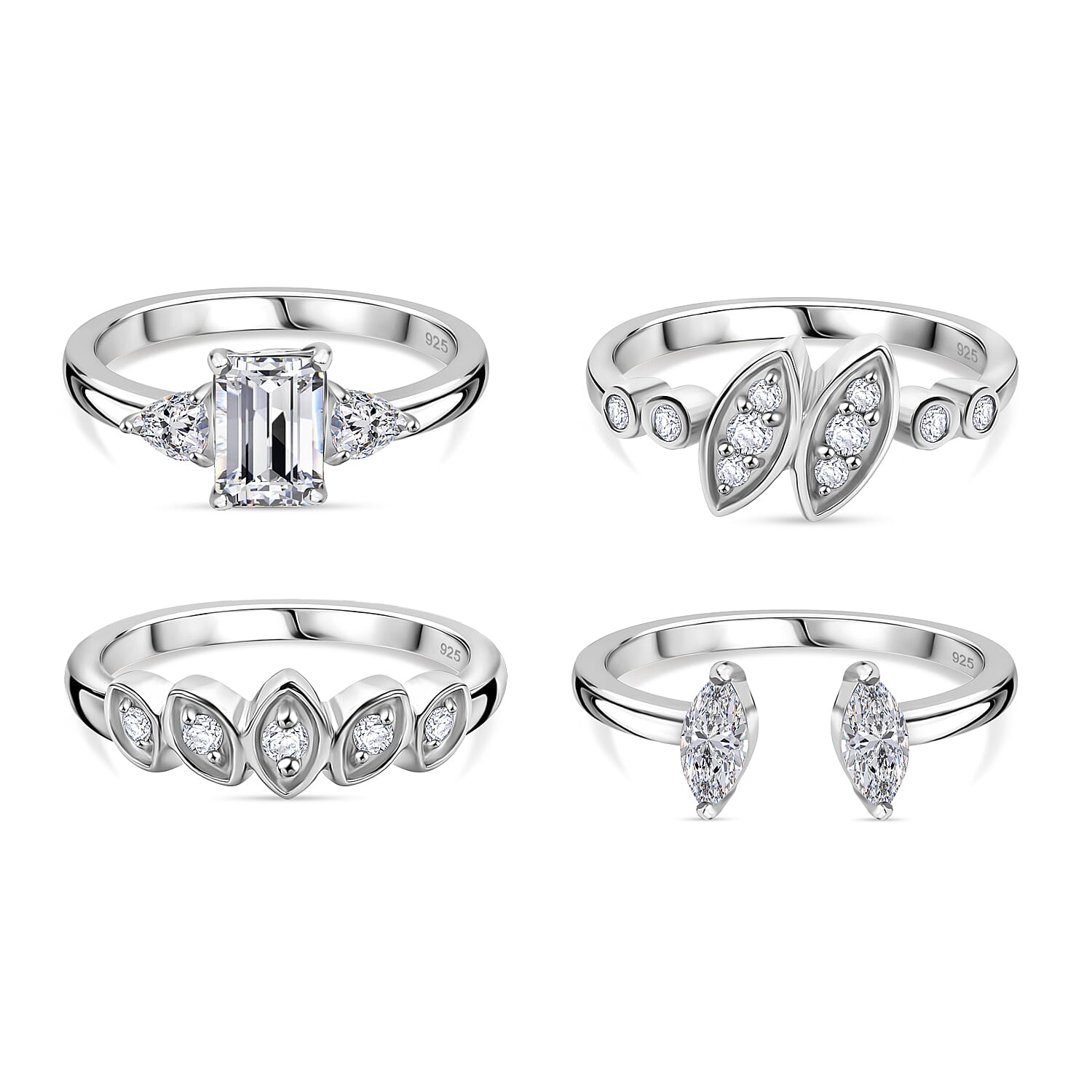Set of 4 -  Moissanite Fancy Ring in rhodium Sterling Silver 0.81 ct  Silver Wt. 11 Gms  2.800  Ct.