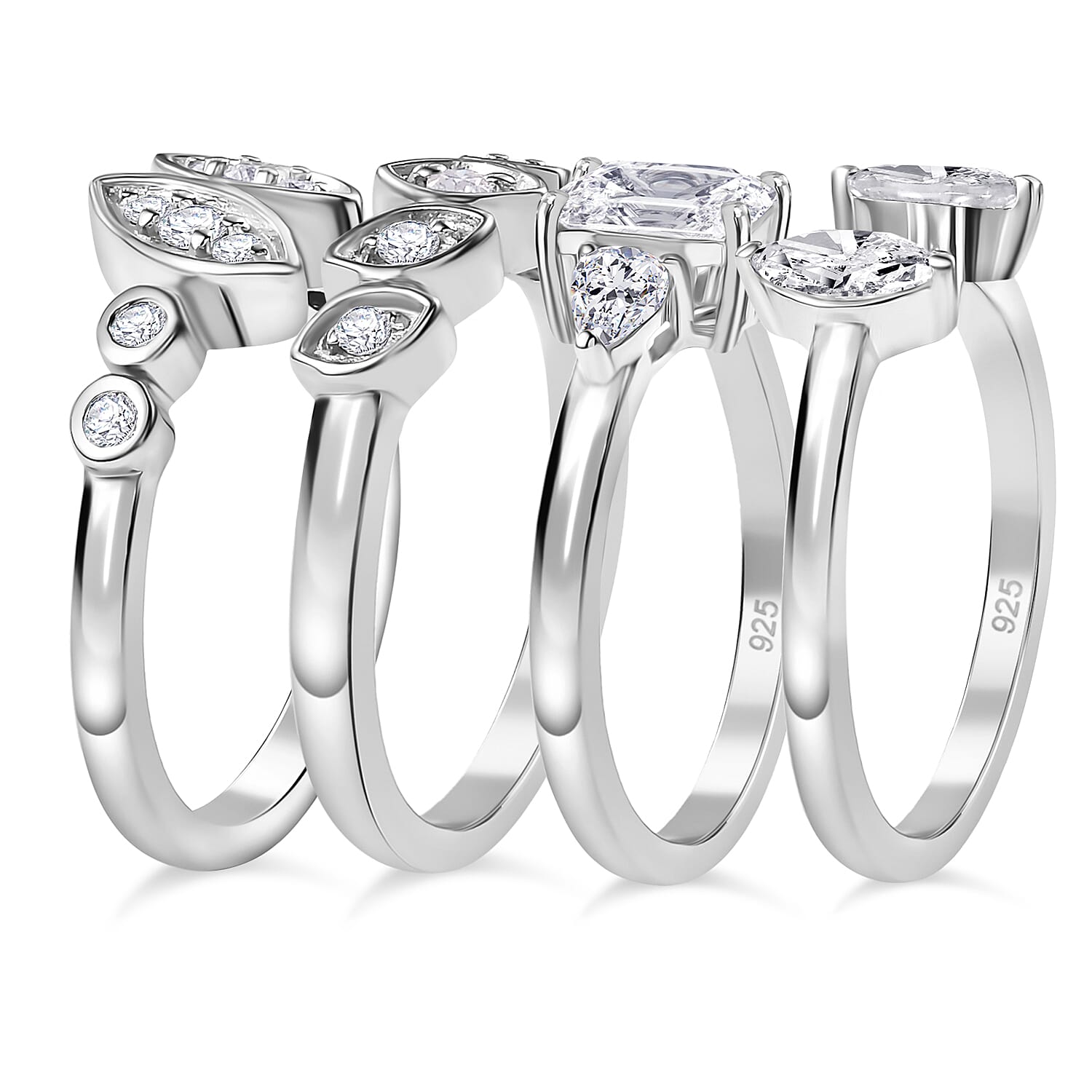 Set of 4 -  Moissanite Fancy Ring in rhodium Sterling Silver 0.81 ct  Silver Wt. 11 Gms  2.800  Ct.