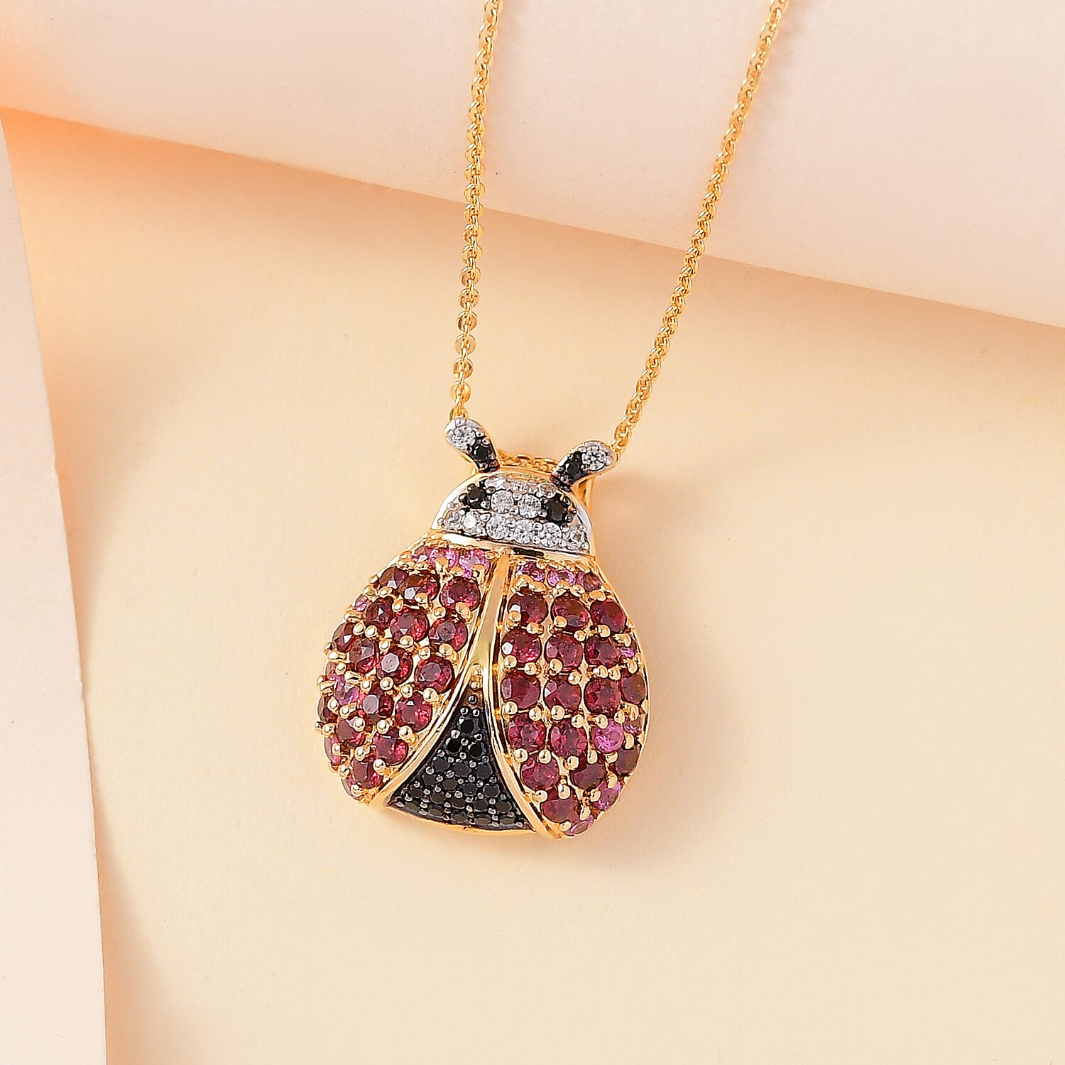 GP Italian Garden Collection Orissa Rose Garnet & Multi Gemstone Ladybug Pendant with Chain (Size 20) 18K Vermeil Yellow Gold Plated Sterling Silver 2.62 Ct.