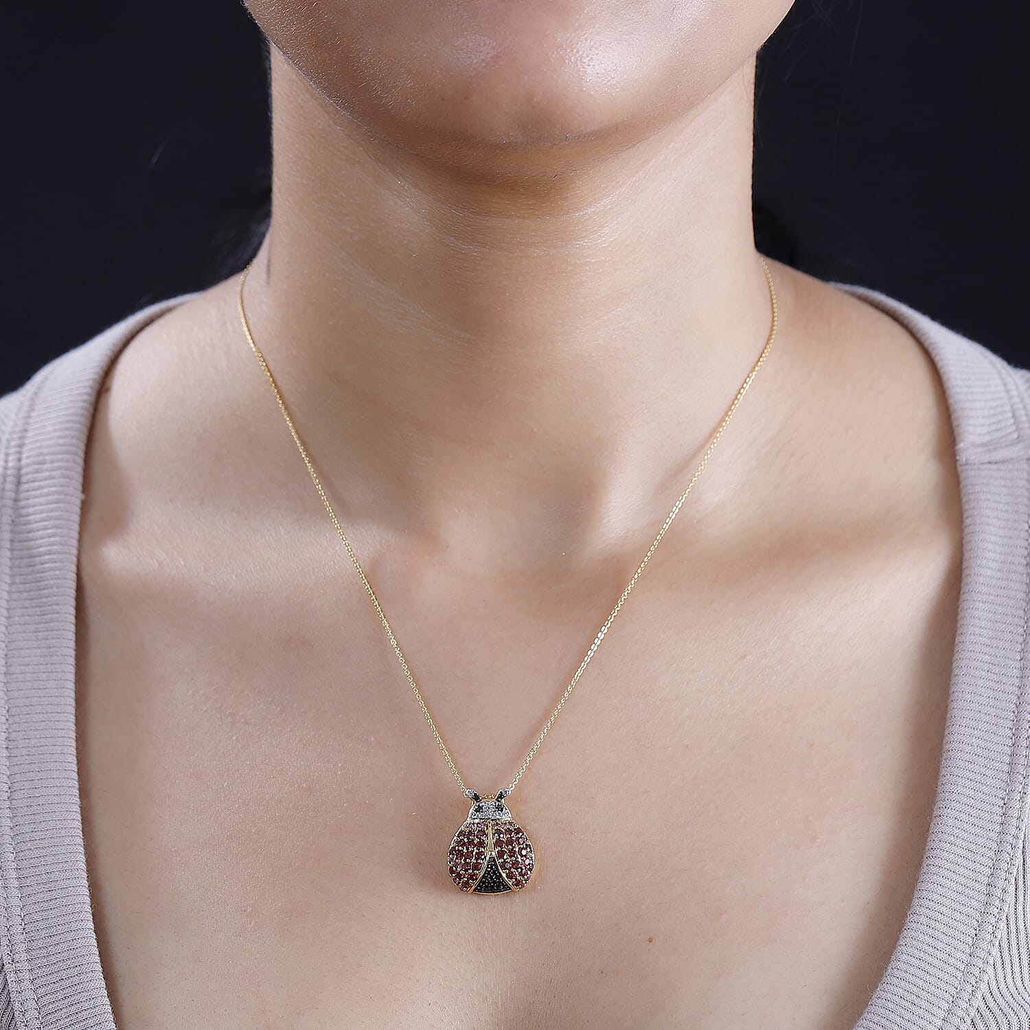 GP Italian Garden Collection Orissa Rose Garnet & Multi Gemstone Ladybug Pendant with Chain (Size 20) 18K Vermeil Yellow Gold Plated Sterling Silver 2.62 Ct.