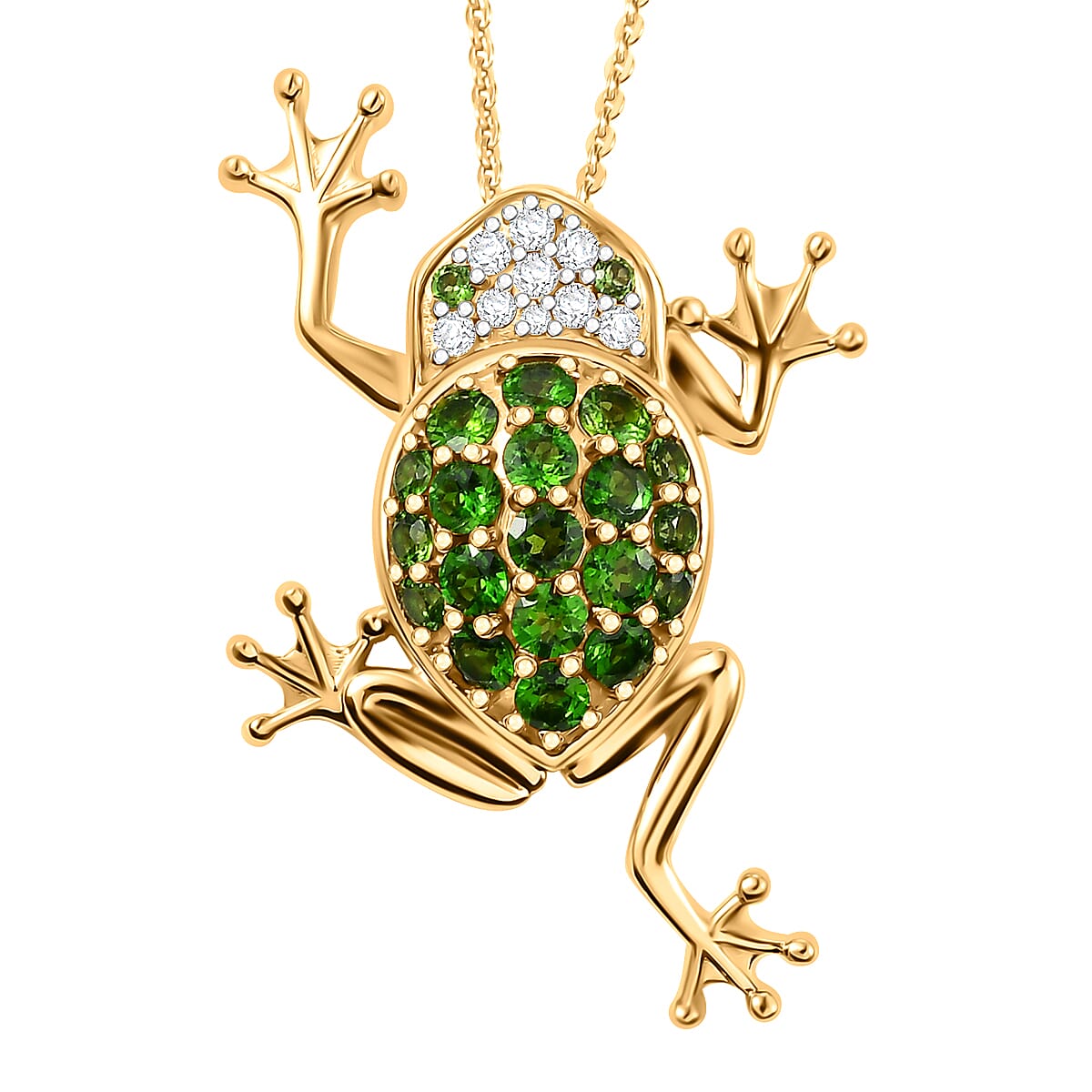 GP Italian Garden Collection - Natural Chrome Diopside, White Zircon & Blue Sapphire Frog Pendant with Chain (Size 20) in 18K Vermeil Yellow Gold Plated Sterling Silver 1.33 Ct.