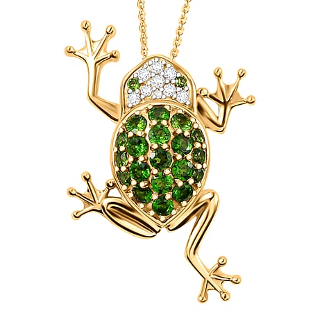 GP Italian Garden Collection - Natural Chrome Diopside, White Zircon & Blue Sapphire Frog Pendant with Chain (Size 20) in 18K Vermeil Yellow Gold Plated Sterling Silver 1.33 Ct.