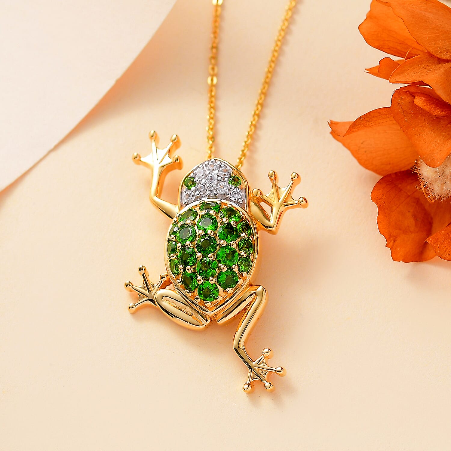 GP Italian Garden Collection - Natural Chrome Diopside, White Zircon & Blue Sapphire Frog Pendant with Chain (Size 20) in 18K Vermeil Yellow Gold Plated Sterling Silver 1.33 Ct.