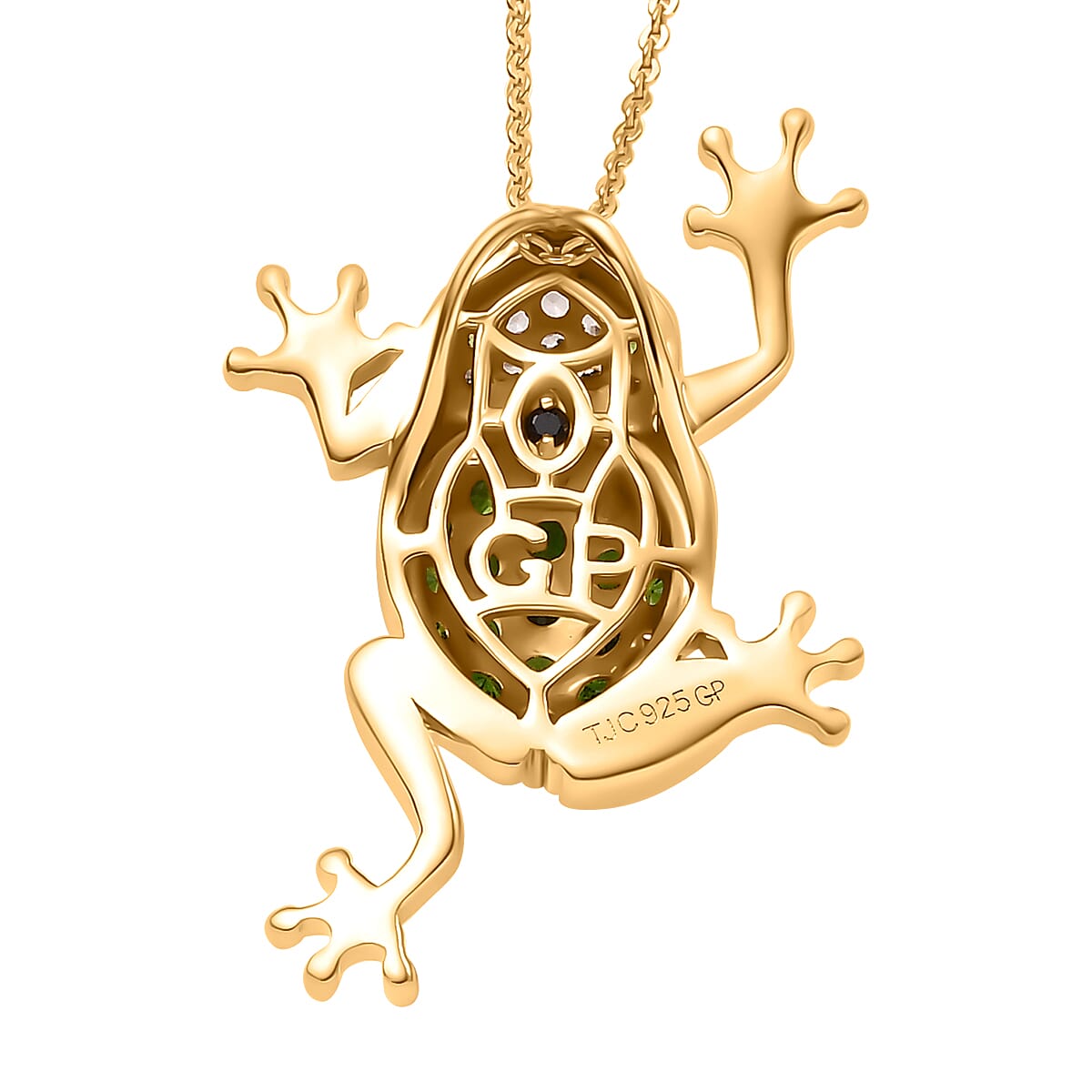 GP Italian Garden Collection - Natural Chrome Diopside, White Zircon & Blue Sapphire Frog Pendant with Chain (Size 20) in 18K Vermeil Yellow Gold Plated Sterling Silver 1.33 Ct.