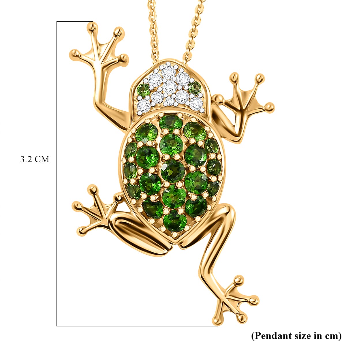 GP Italian Garden Collection - Natural Chrome Diopside, White Zircon & Blue Sapphire Frog Pendant with Chain (Size 20) in 18K Vermeil Yellow Gold Plated Sterling Silver 1.33 Ct.