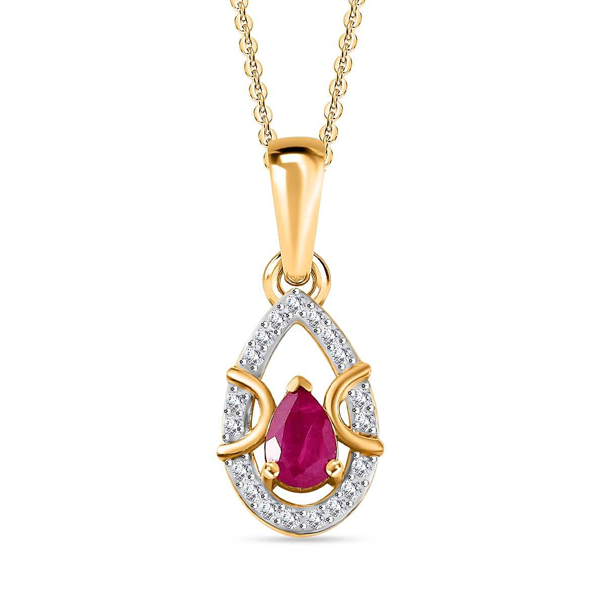 Mozambique Ruby, White Zircon Drop Pendant with Chain (Size 20) in 18K Yellow Gold Vermeil Plated Sterling Silver