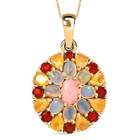 Peach Opal, Ethiopian Opal, Yellow Opal, Fire Opal Floral Pendant with Chain (Size 20) in 18K Yellow Gold Vermeil Sterling Silver